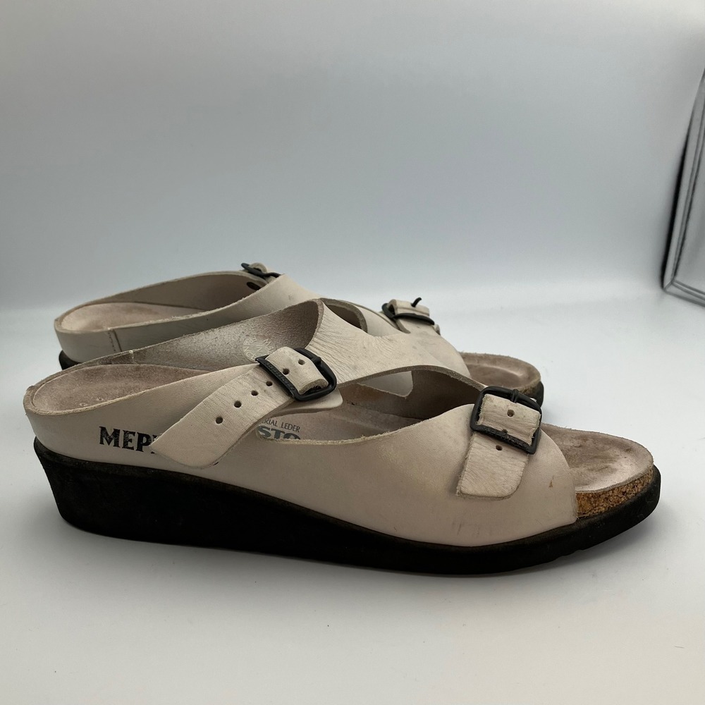 Mephisto Women's Sandals EU 39 US 8.5-9 Beige Leather Double Buckle Wedge
